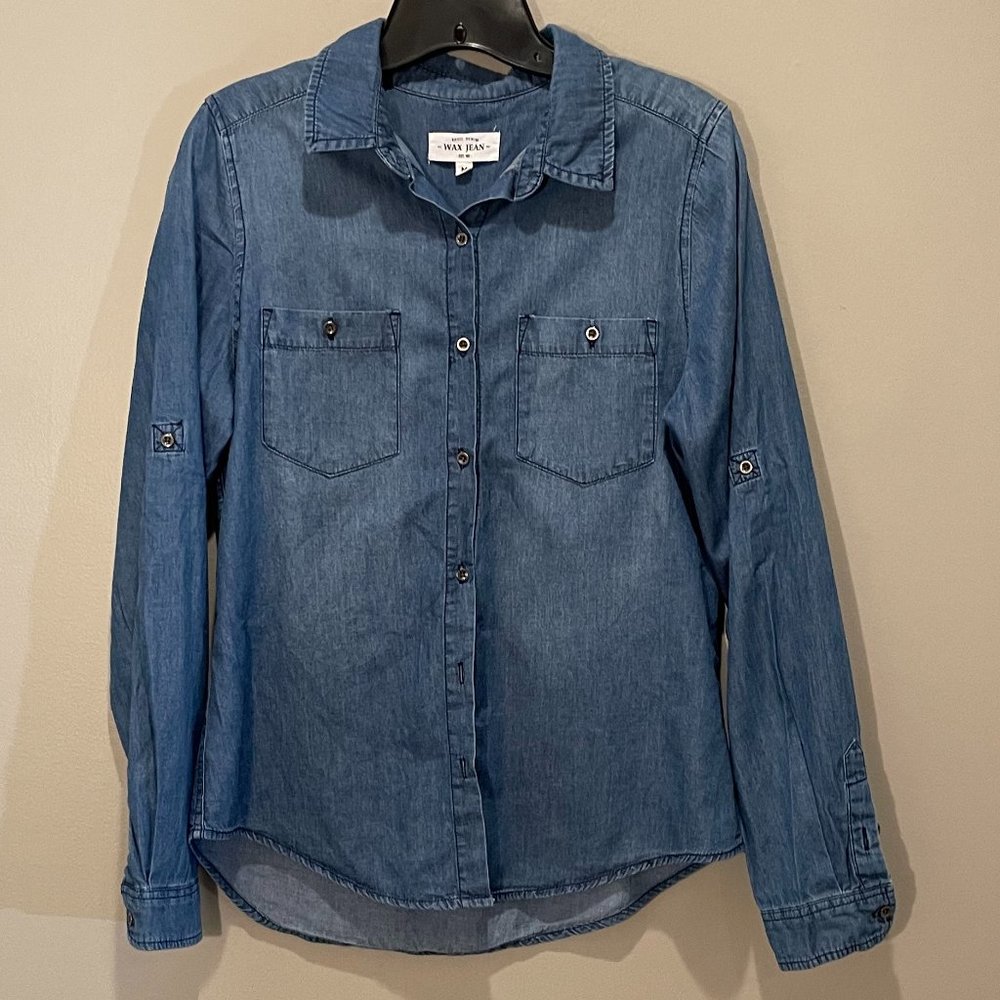 Wax Jean Womens Chambry Lng Sl Roll-Tab Button Down Blu Collar Shirt sz M  NWOT